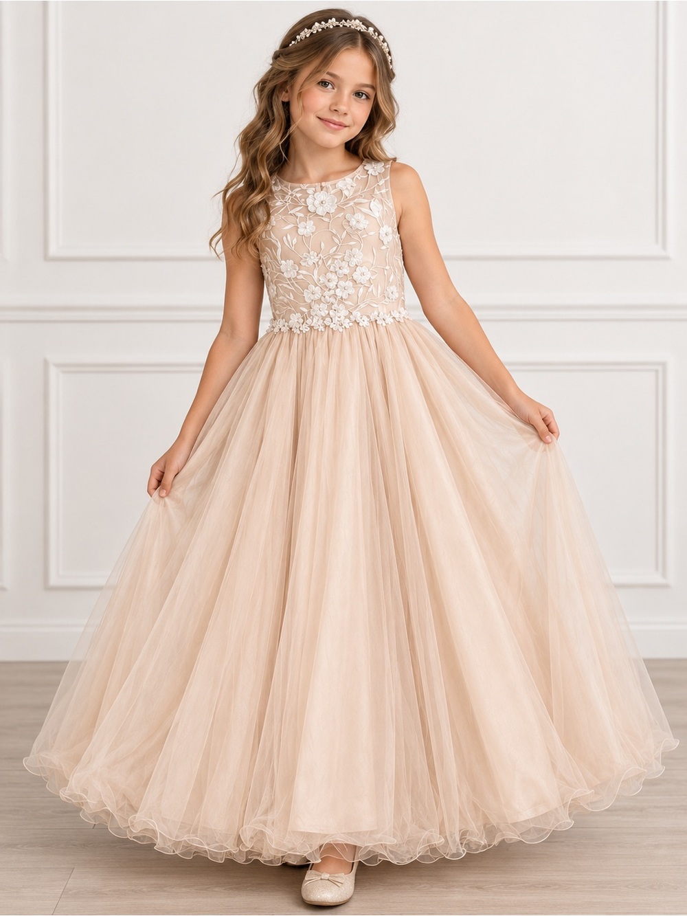 Rare Editions Blush Floral Tulle Dress – Size 16